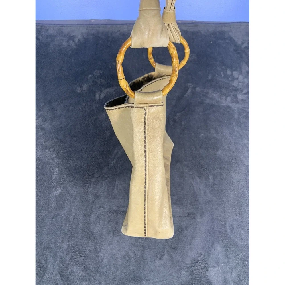 Plinio Visona Italy Tan Leather Bamboo Handle Hobo Shoulder Bag Leopard Lining